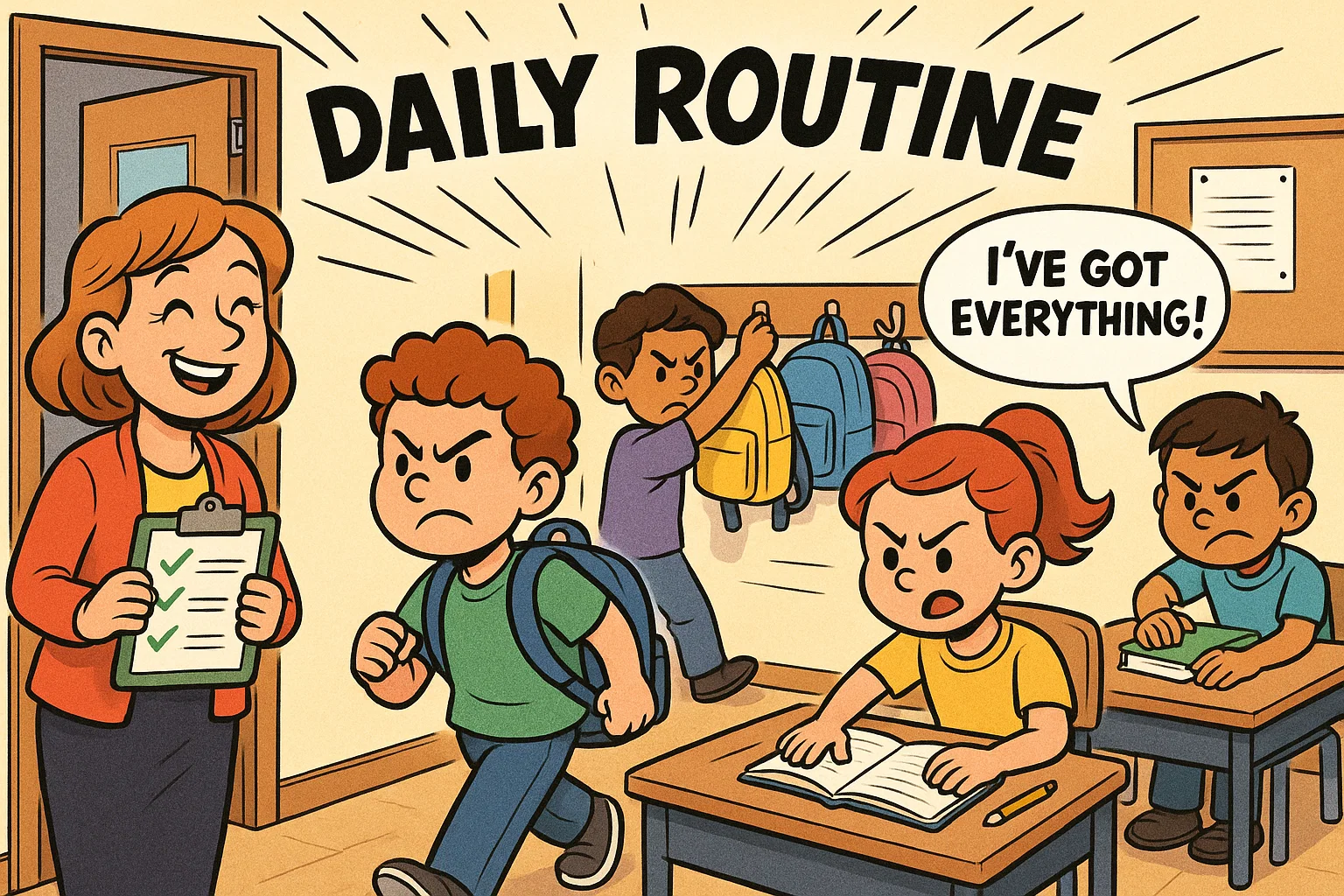 Students following top classroom expectations daily success routines in a fun cartoon scene.