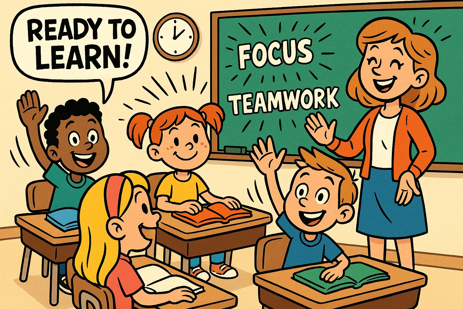 Students showing top classroom expectations positive behavior in a bright cartoon classroom.