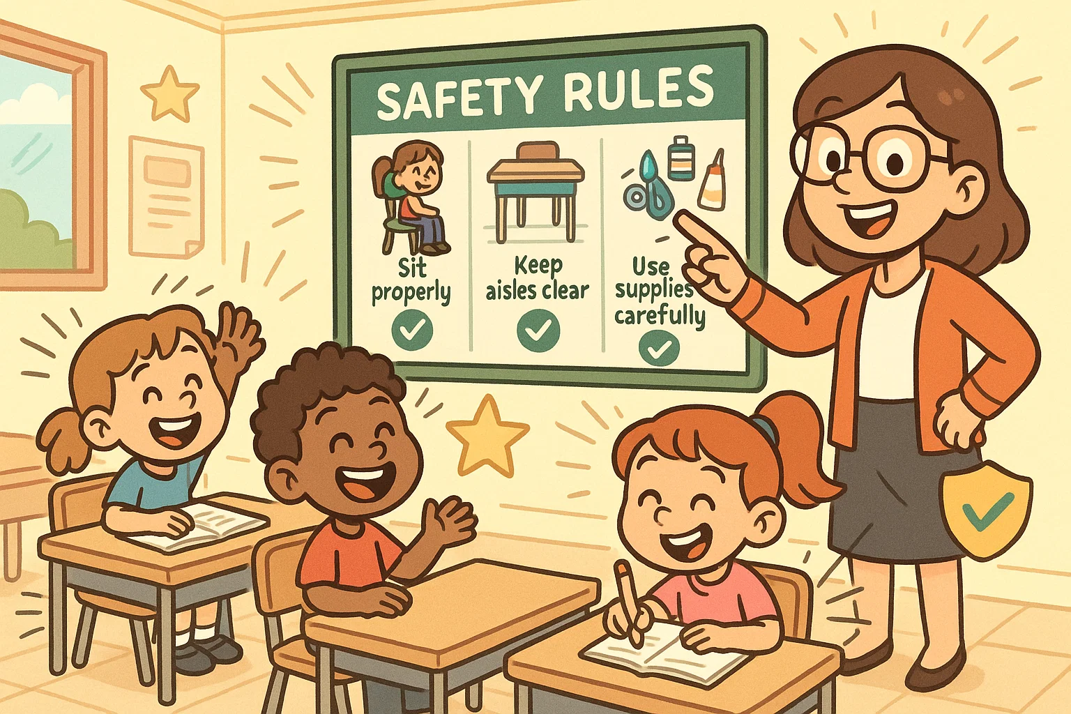 Cartoon of top classroom safety rules with students using safe behavior in a bright classroom.