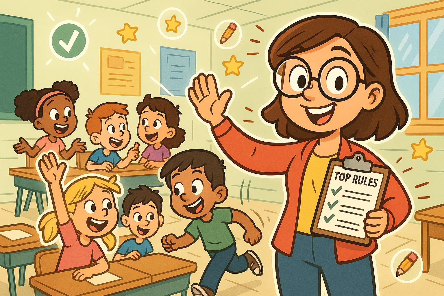 Playful cartoon showing top rules for teachers classroom scene with students and a confident teacher.