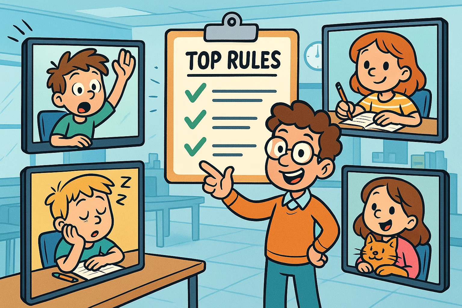 Playful scene of top rules online classroom behavior with students and teacher in a virtual class.