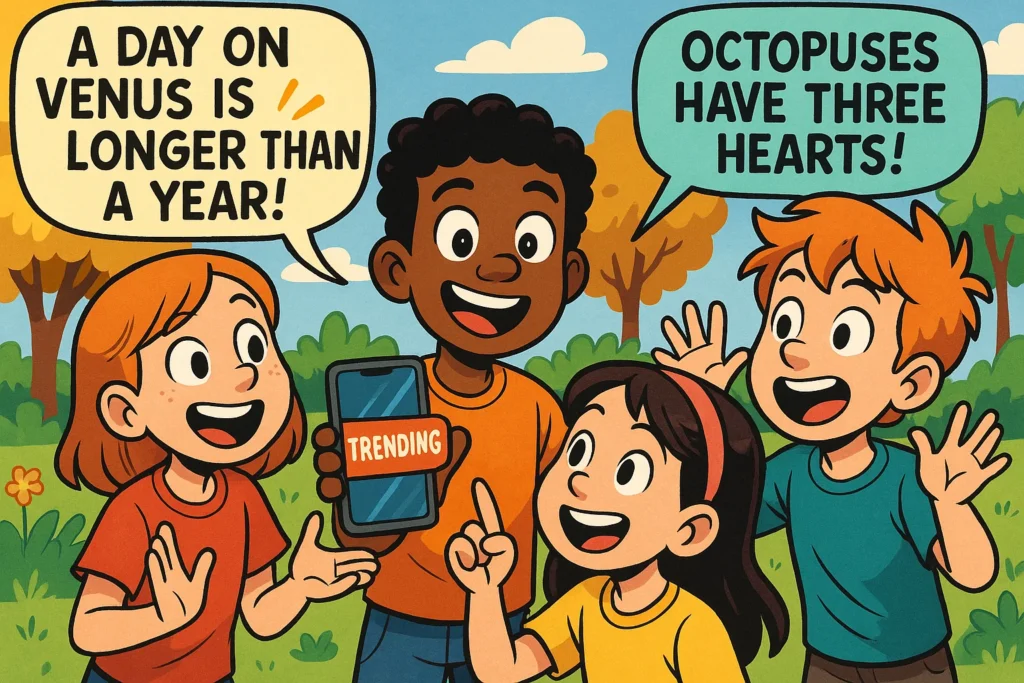 Trending fun facts for kids with children sharing exciting facts in a playful setting.
