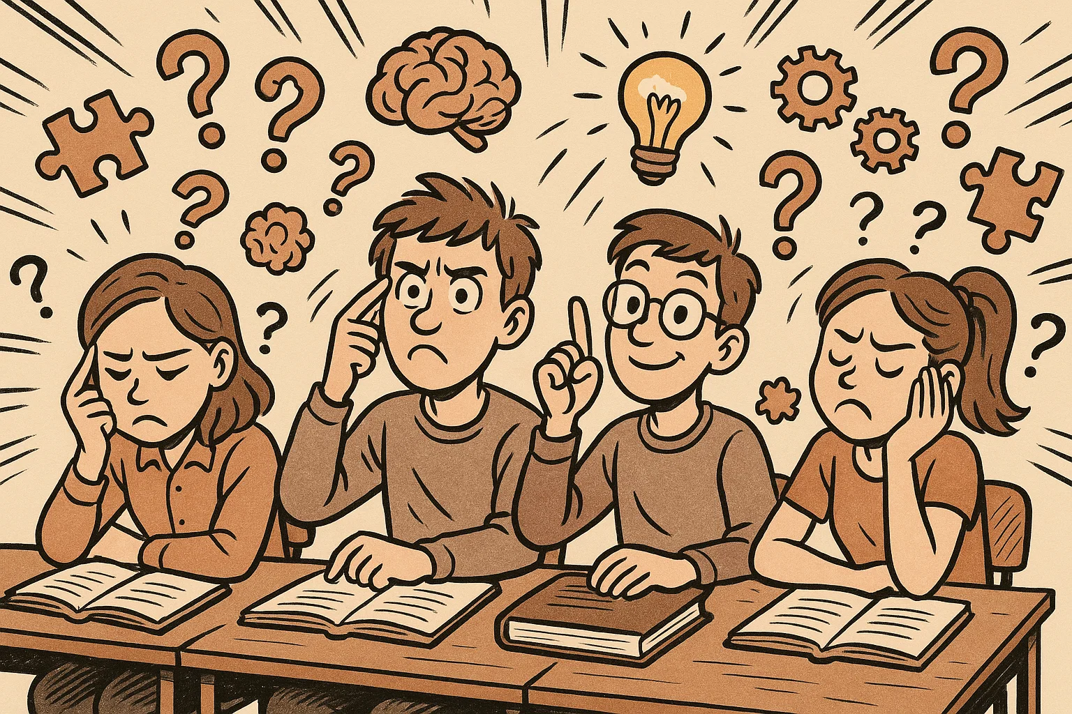 Thoughtful students solving tricky and hard riddles with floating puzzle icons around.