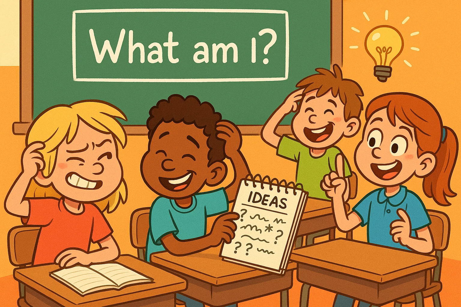 Upper primary students solving tricky riddles in classroom with fun atmosphere.
