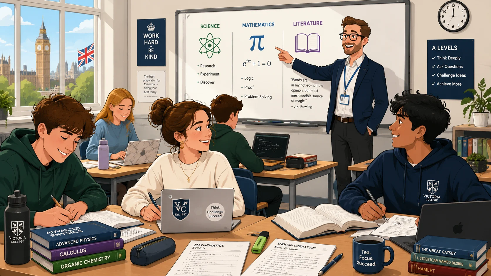 UK classroom with twelfth grade equivalents studying advanced subjects. 
