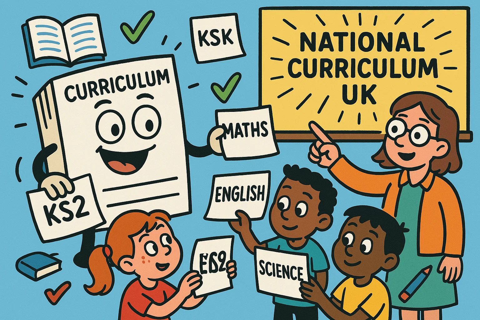 UK national curriculum Year 4 reference with children reading KS2 subject pages.