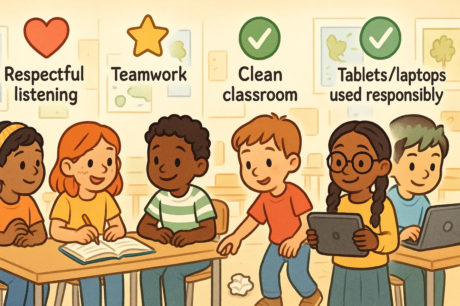 Cartoon with universal classroom etiquette essentials shown by diverse students.