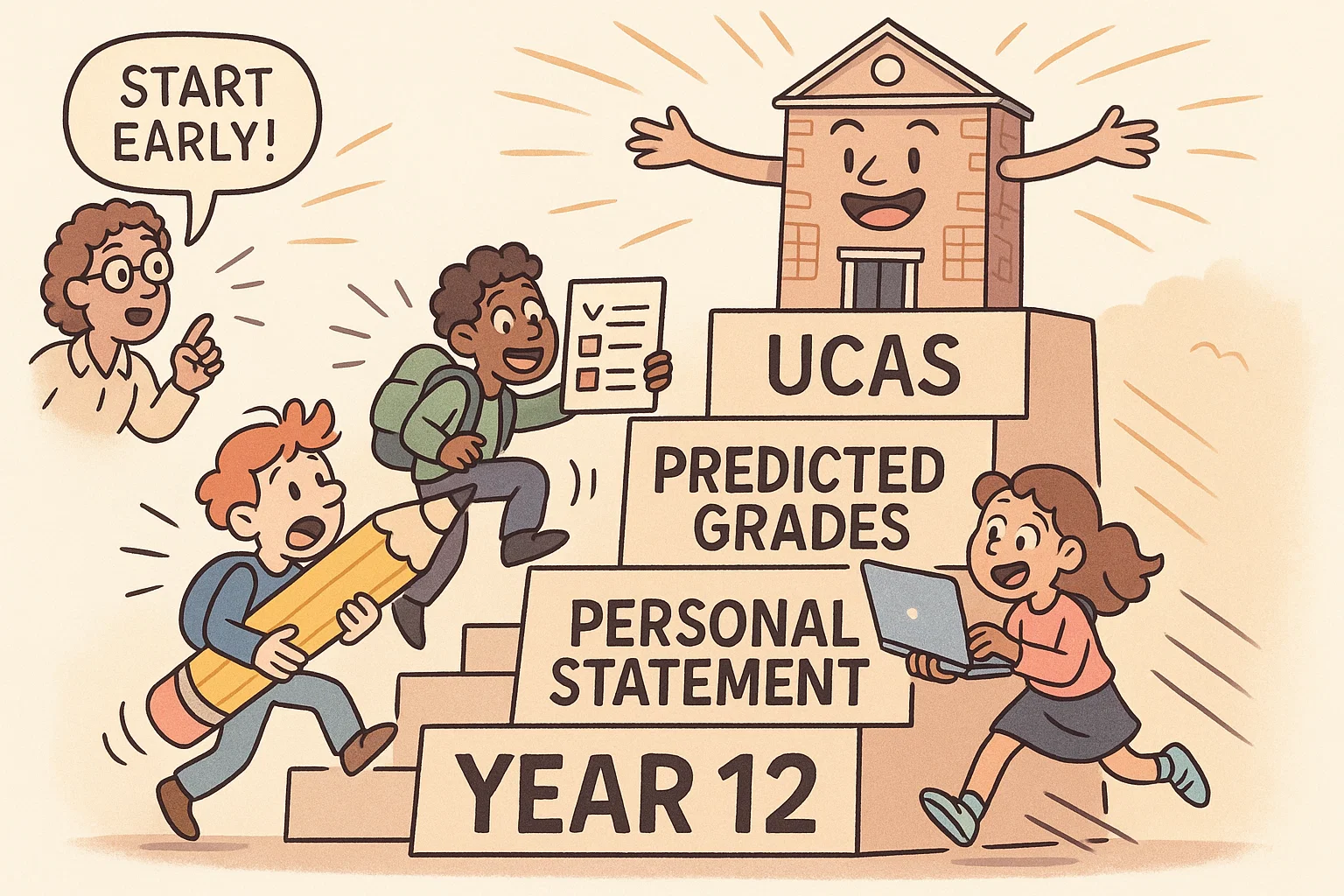 Cartoon of university preparation year 12 with UCAS steps and study planning.