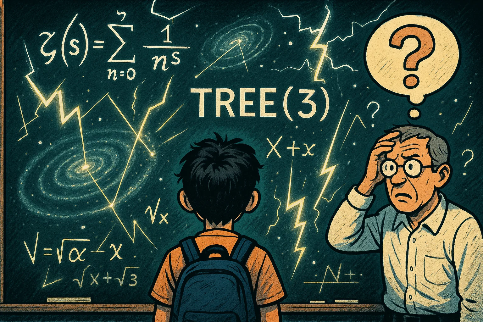 Cartoon of puzzled student looking at unsolved math theories and huge equations.