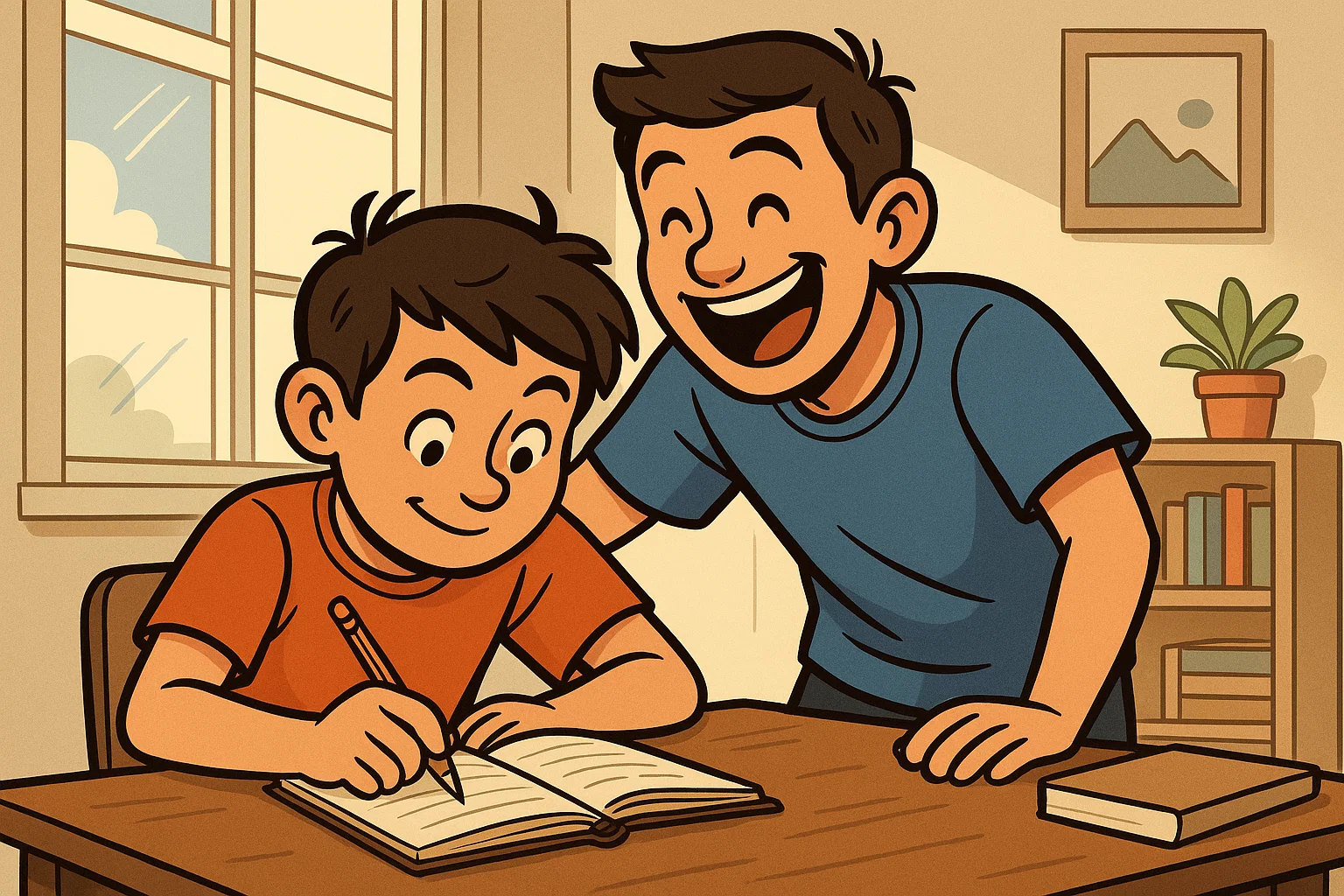 Brothers sitting and writing together showing daily brother love and support.