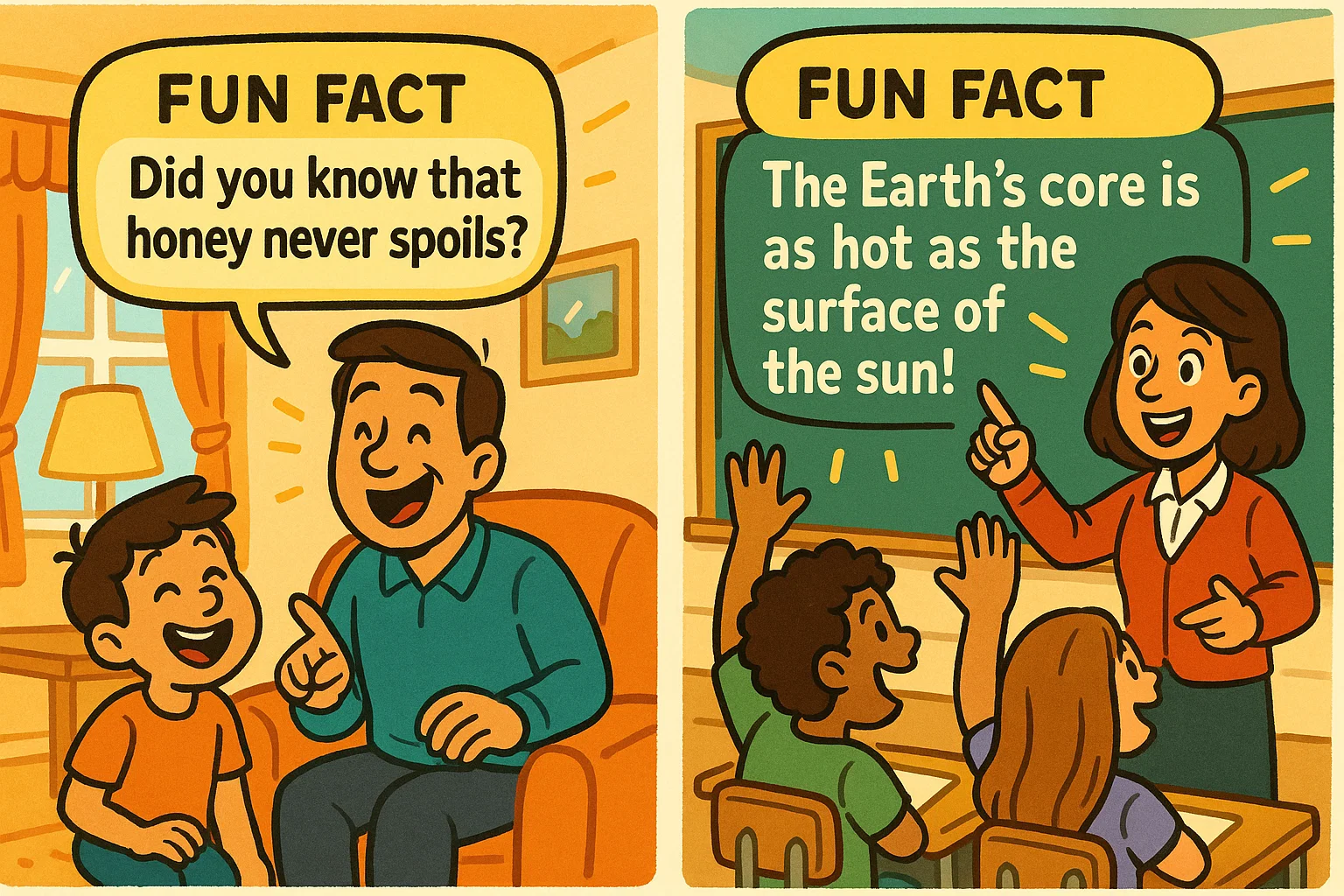 Using fun facts in various settings, with a family and a teacher sharing fun facts.