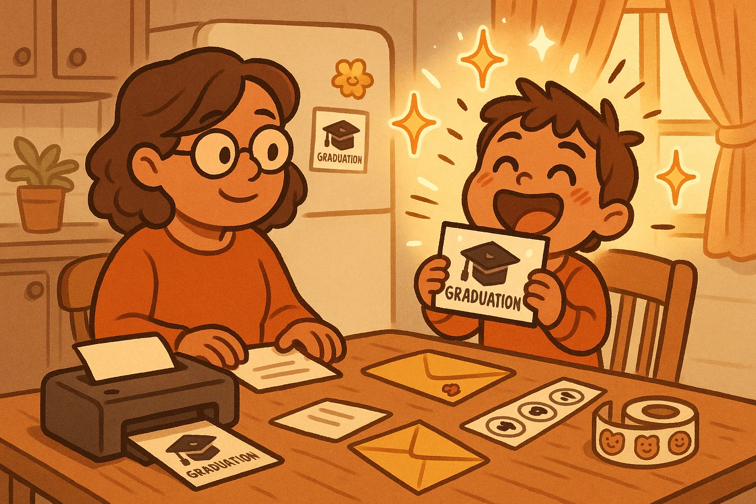 Parent and child using kindergarten graduation invitations at home with warm creative moments.