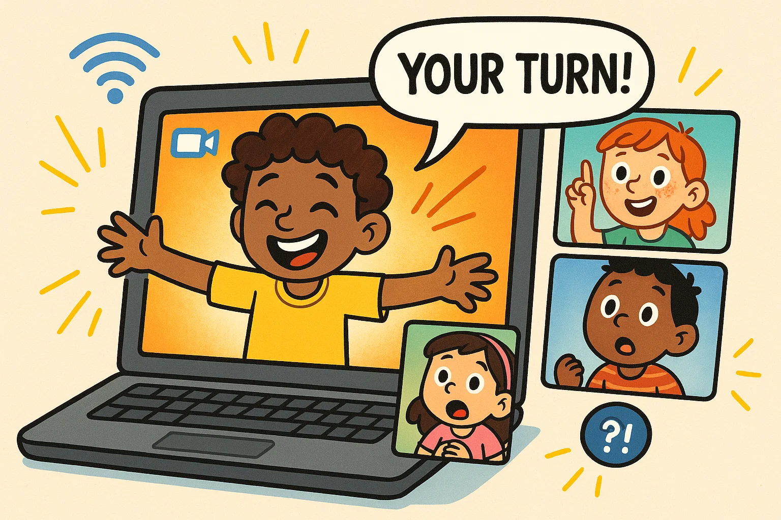 Kids playing virtual charades online through video chat with fun acting on screen.