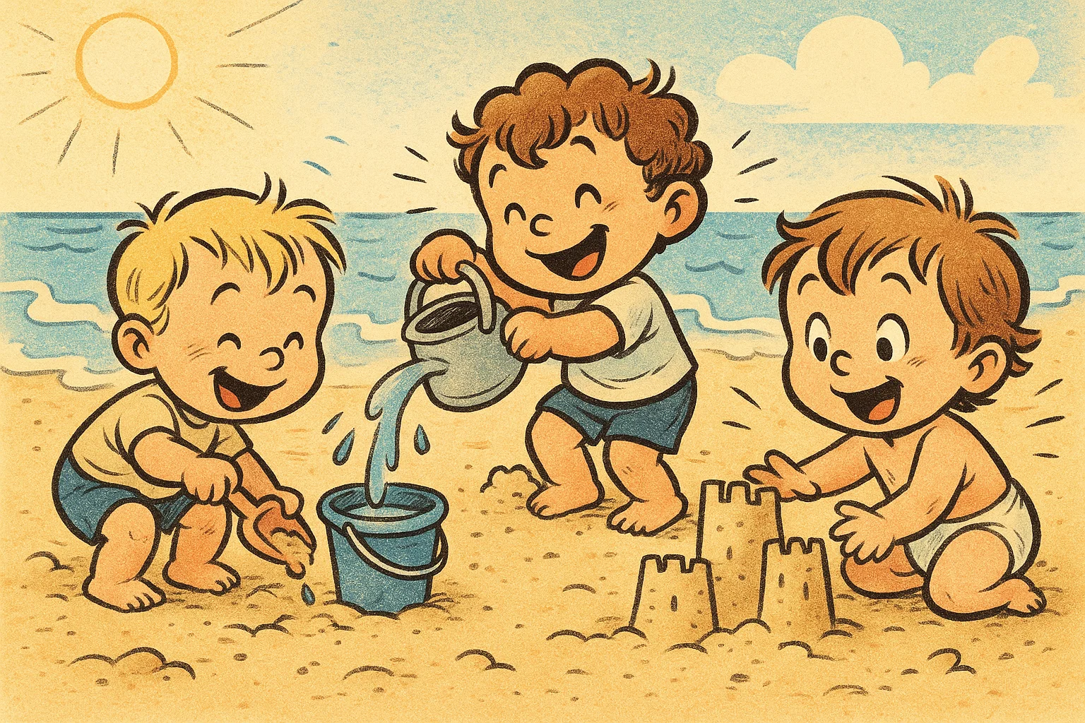 Toddlers playing with sand and water building castles on a sunny day.
