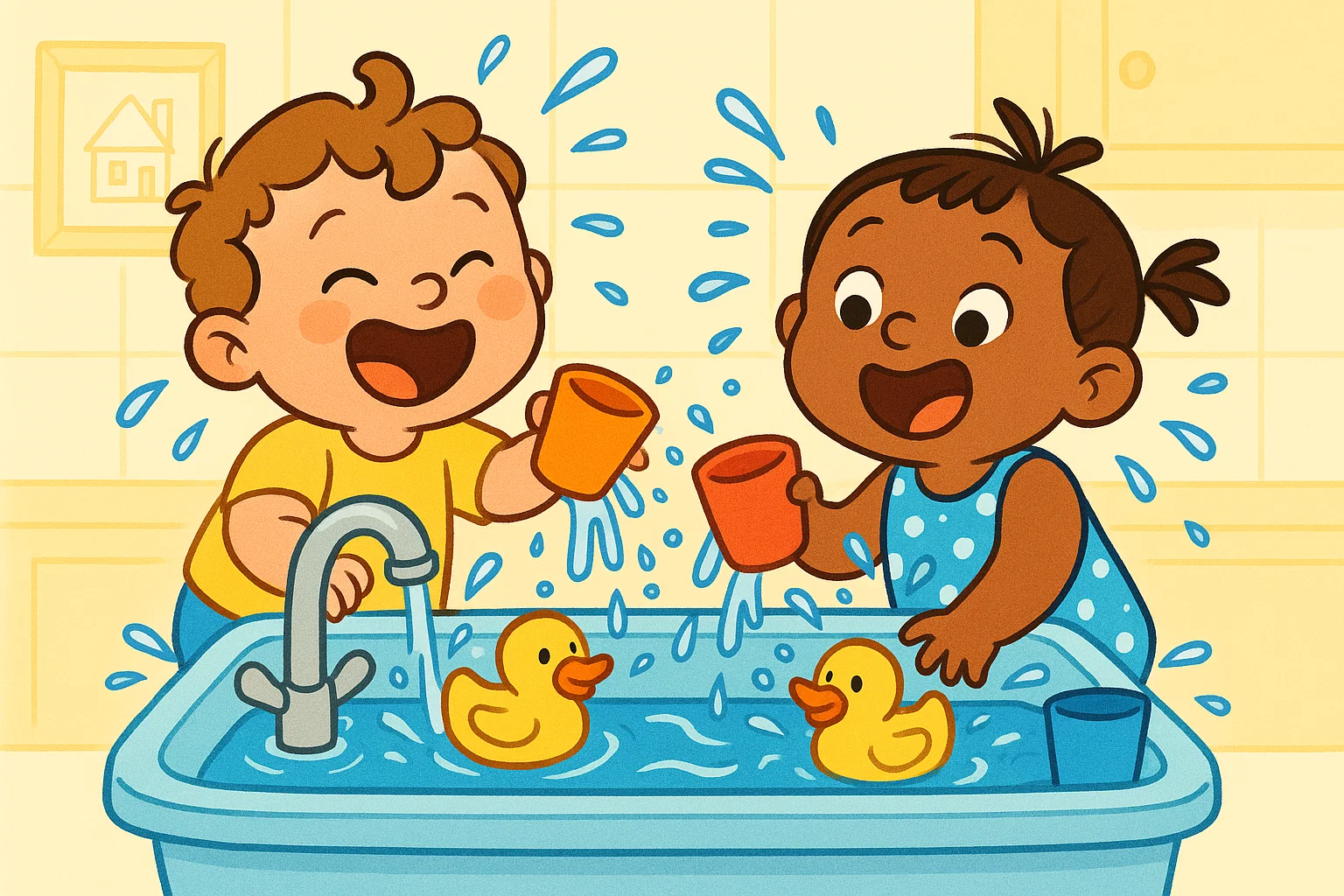 Toddlers playing safely with water and toys during sensory activity.
