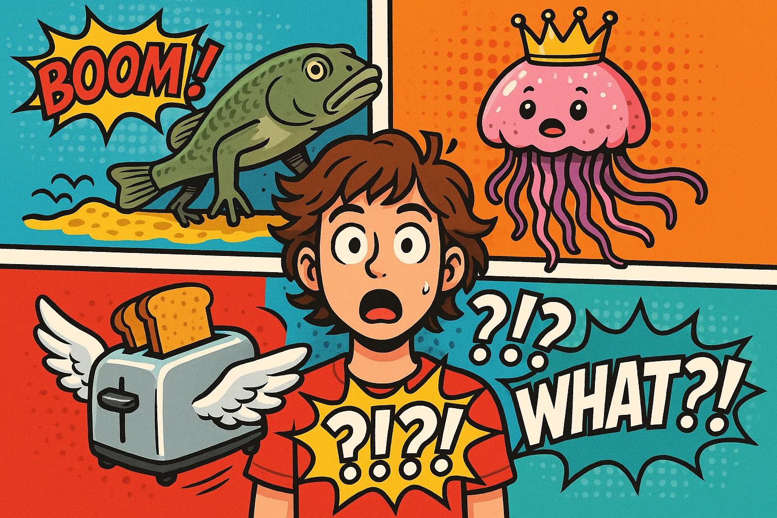 Cartoon of shocked teen surrounded by weird facts that sound fake but true.