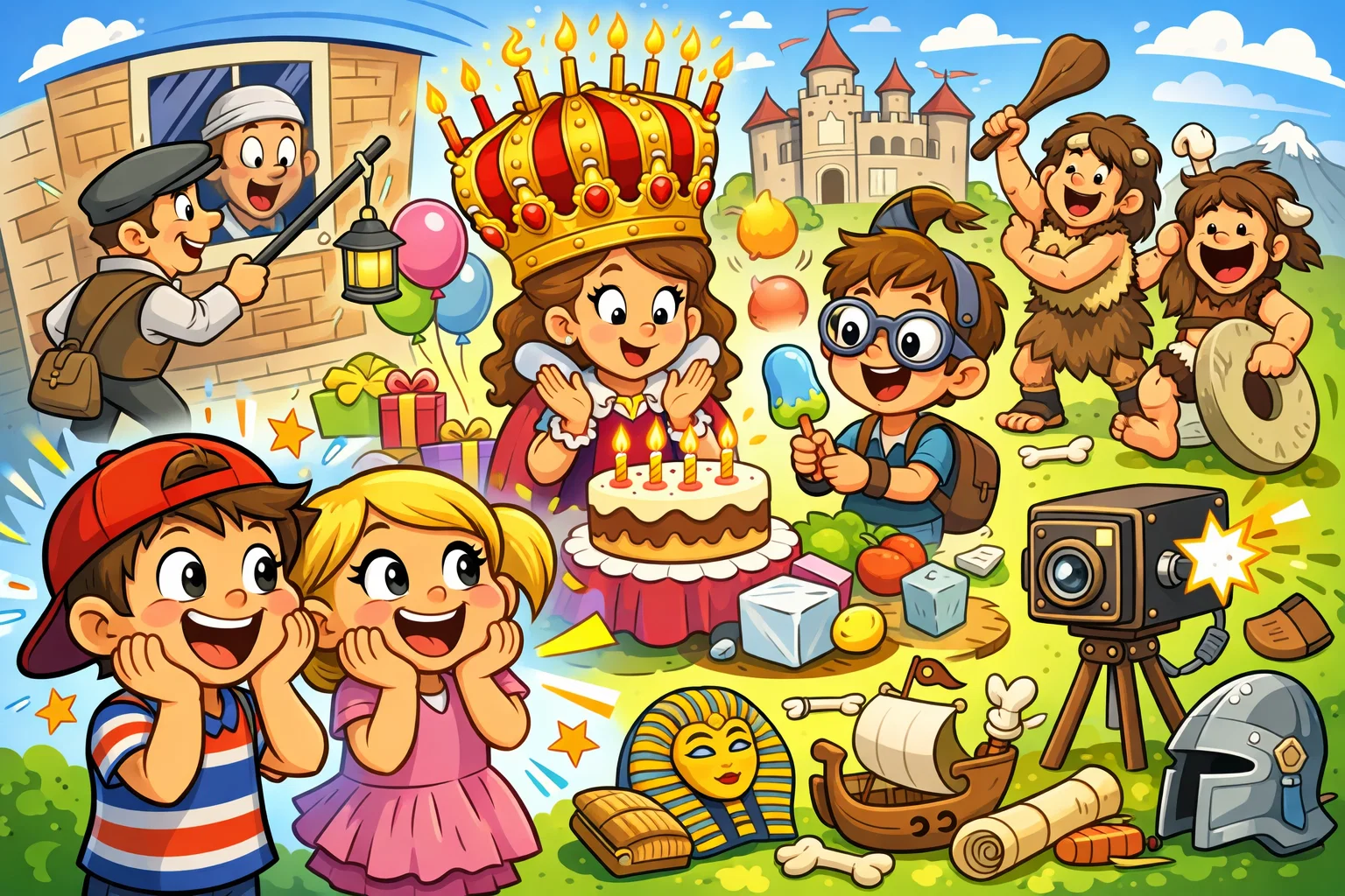 Weird history fun facts for 4 year olds cartoon with kids and playful old-time scenes.
