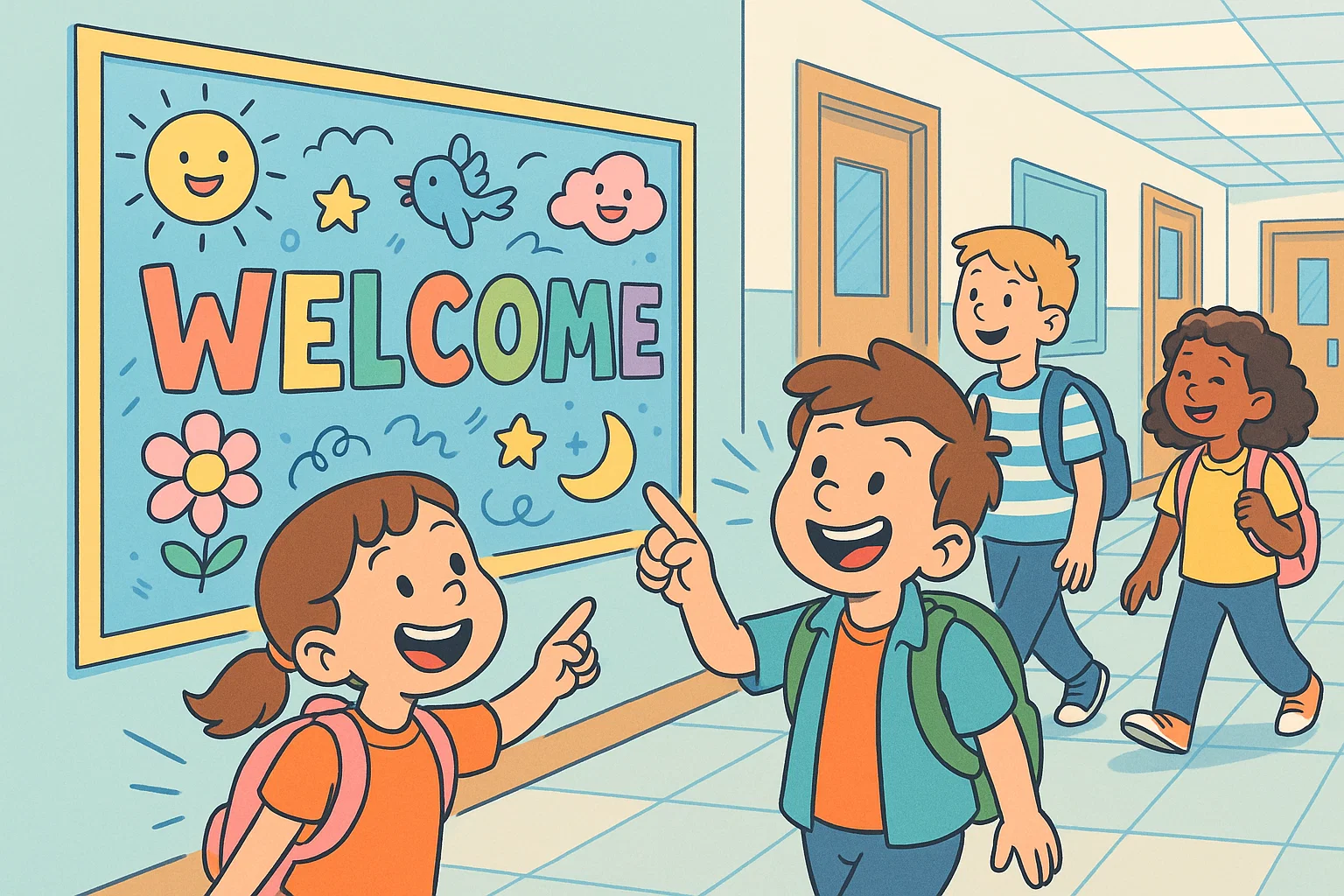 Colorful welcome board decoration in a school cartoon scene with happy students.