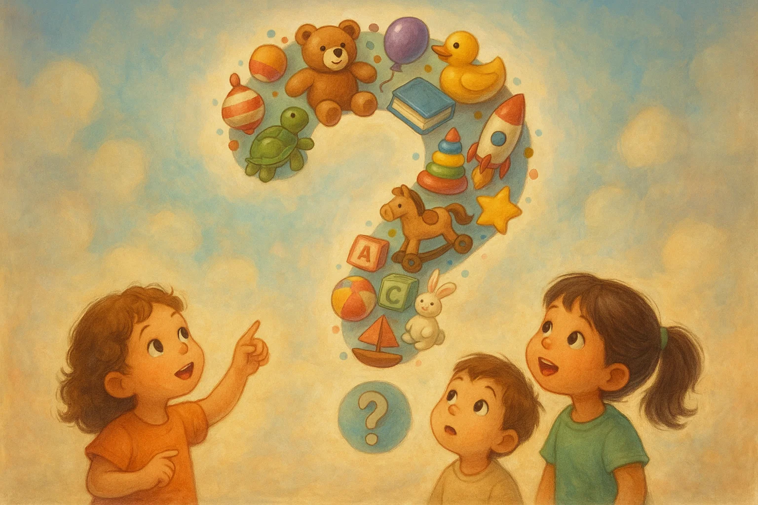 Kindergarten kids guessing what am I riddles with playful toys and imagination.
