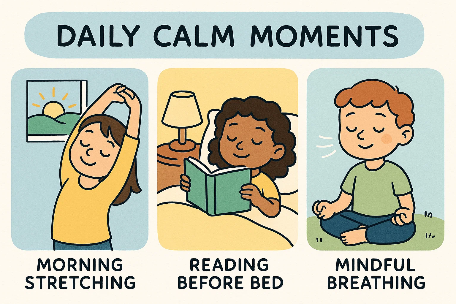 Cartoon infographic showing calming routines for kids like reading, stretching, and breathing.
