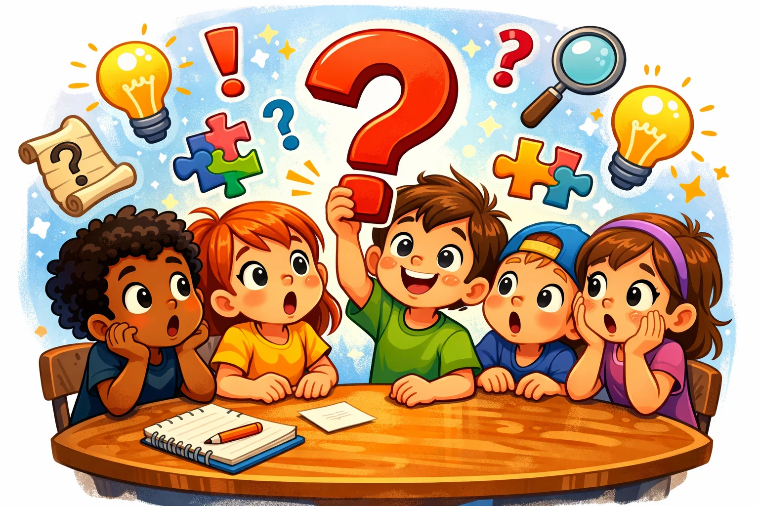 Cartoon illustration of children learning about riddles with an owl and lightbulb, exploring puzzles.
