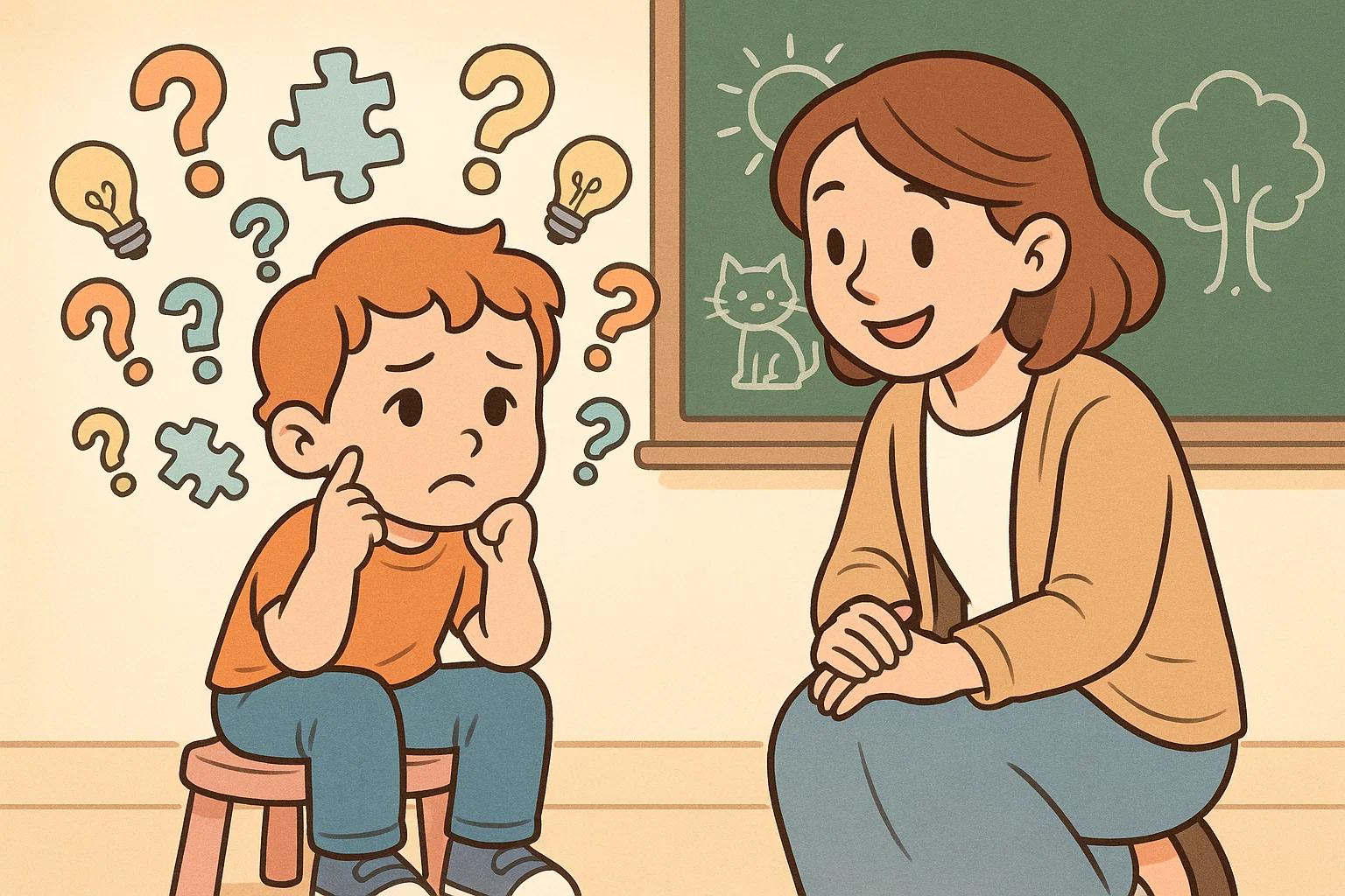 Preschool child learning riddles with a teacher in a bright classroom.