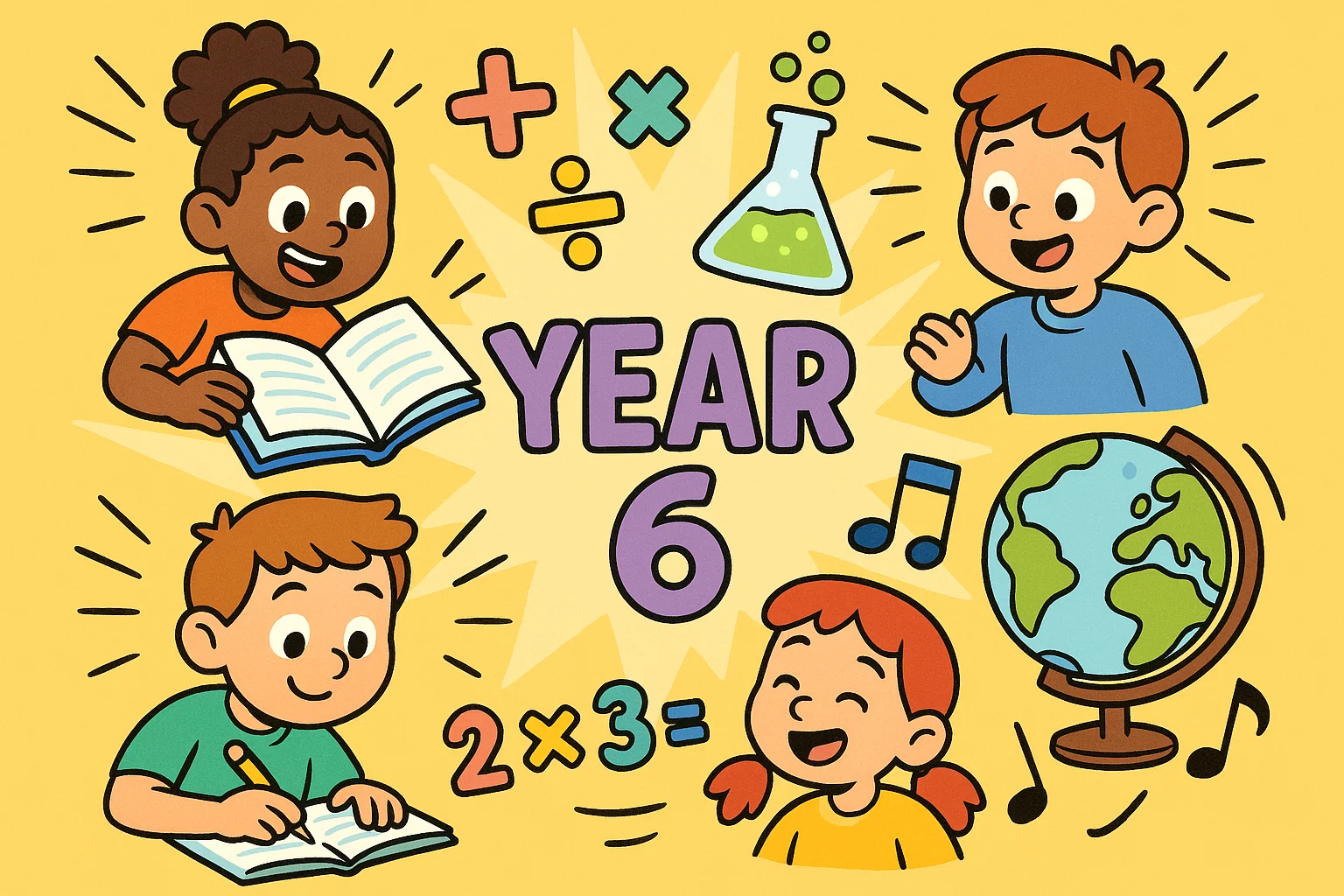 Cartoon showing what child learns year 6 with subjects like English maths science.