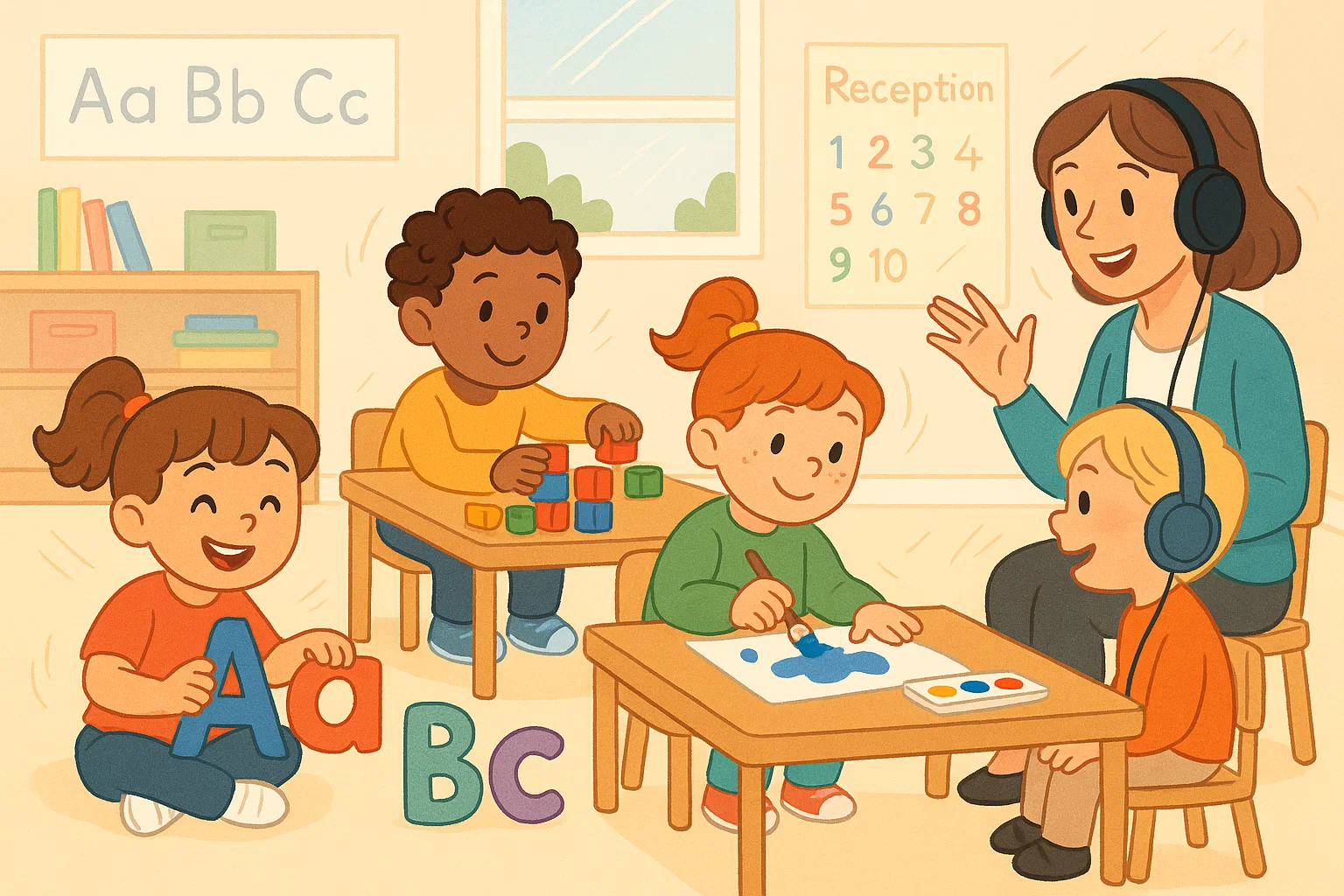 Children learning phonics, numbers and art in a reception uk classroom scene.