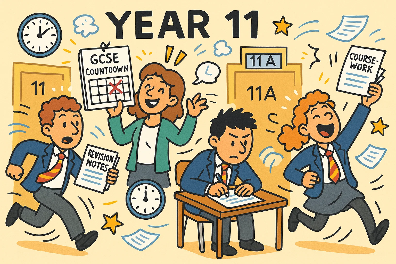 What happens in Year 11 school life cartoon with exams, revision and daily activities.