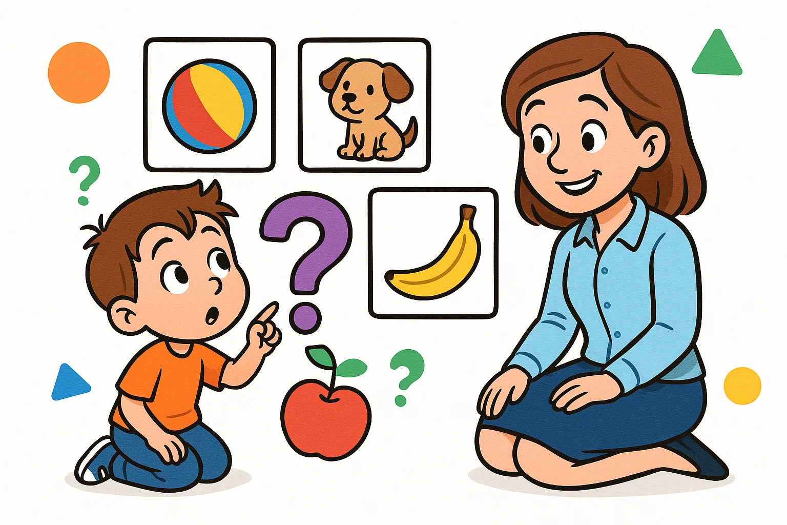Curious toddler pointing at question mark and simple riddle pictures in a playful scene.