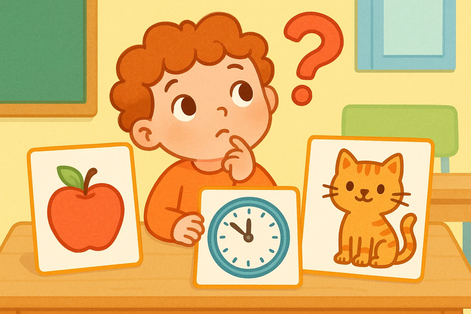 Child thinking with a question mark exploring what a riddle for kids age 6 is.
