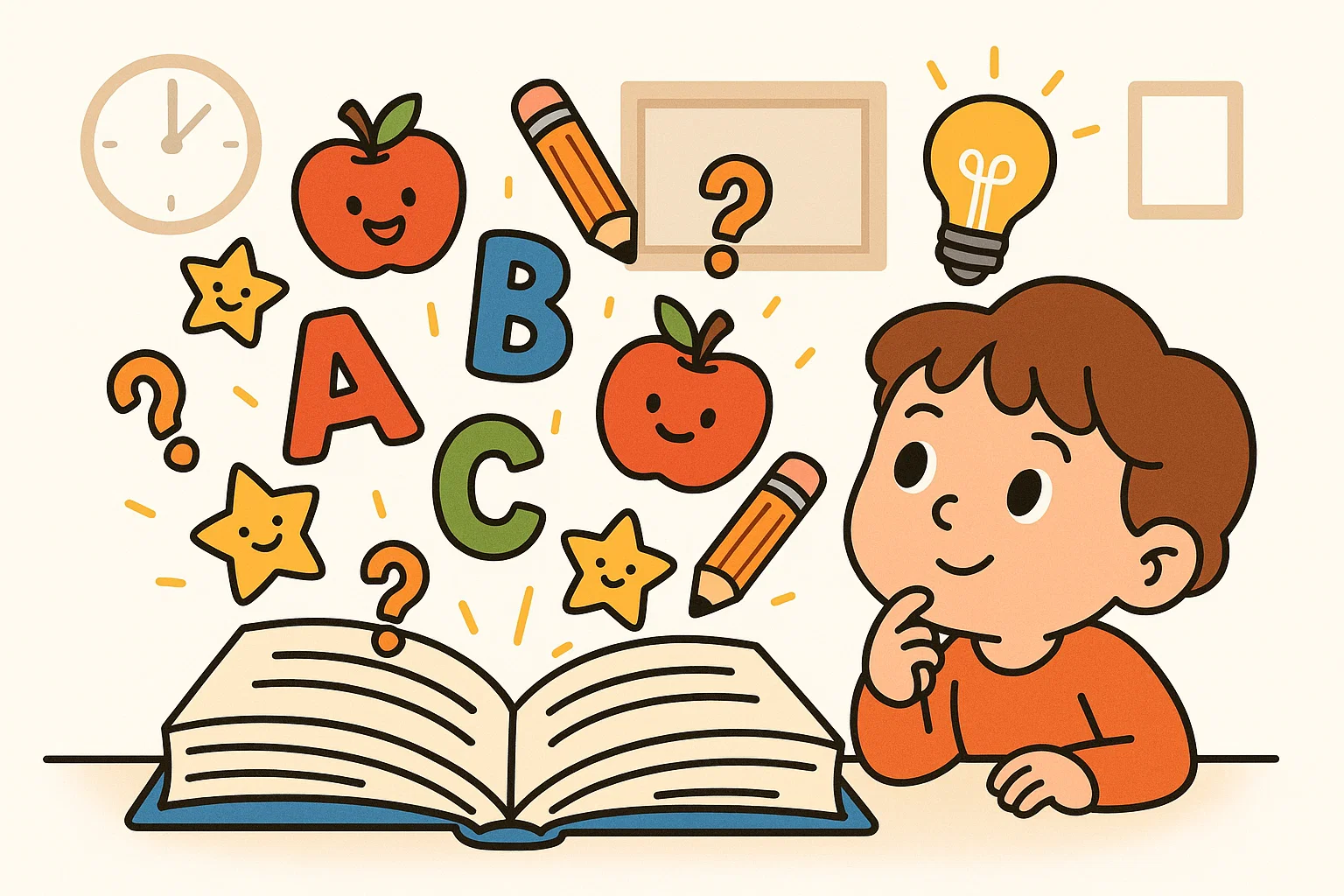 Curious preschool child exploring what a riddle is in a colorful learning book.