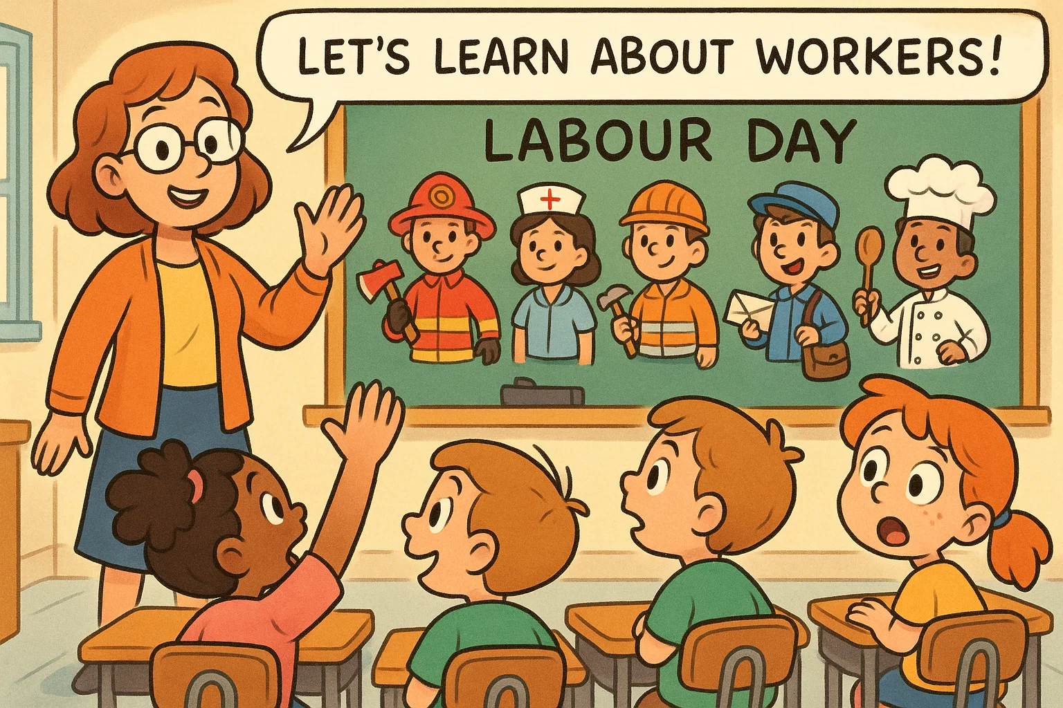 What is labour day explained for kids in a cheerful classroom cartoon scene.
