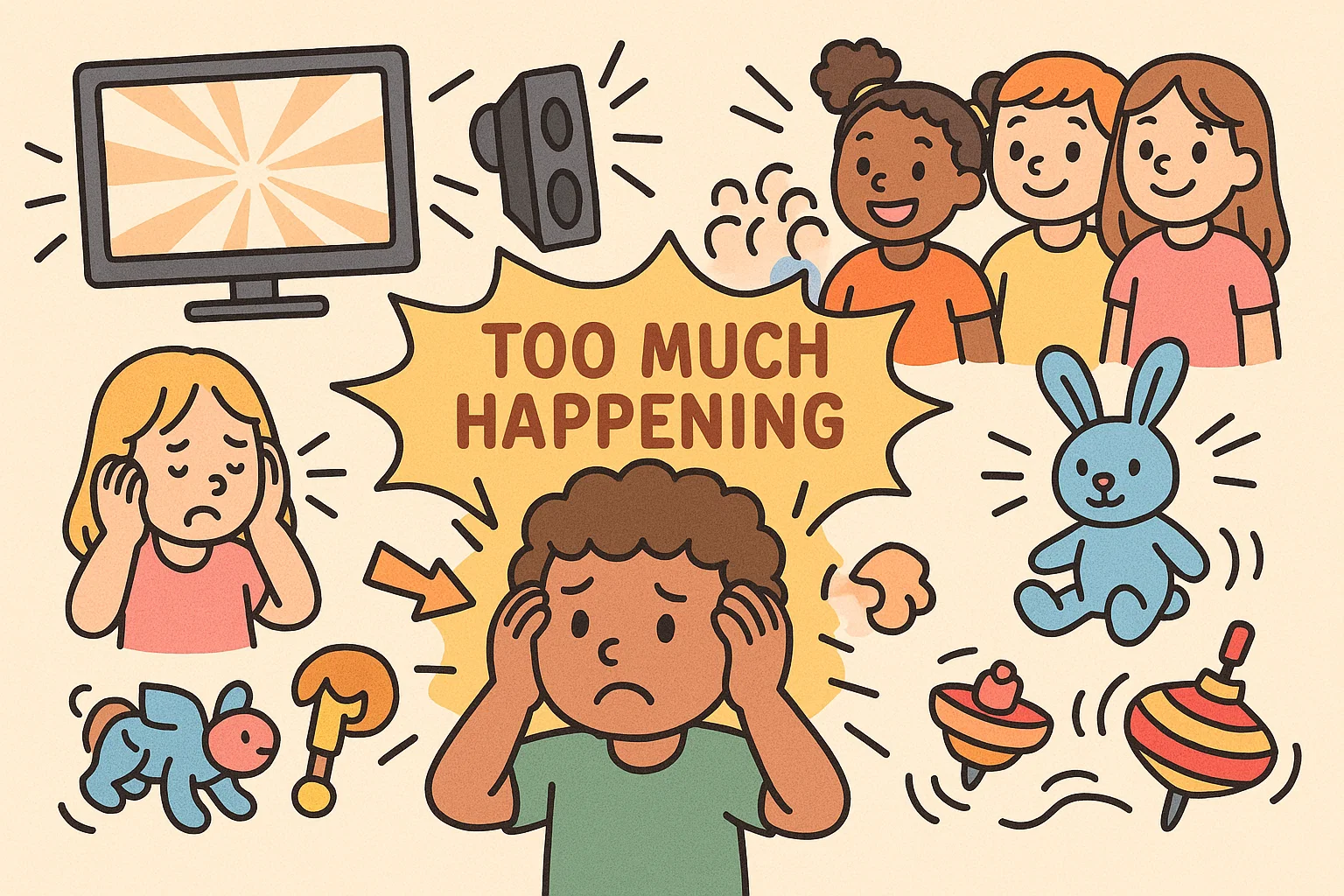  Cartoon illustration showing what overstimulation in kids looks like with sensory symbols.