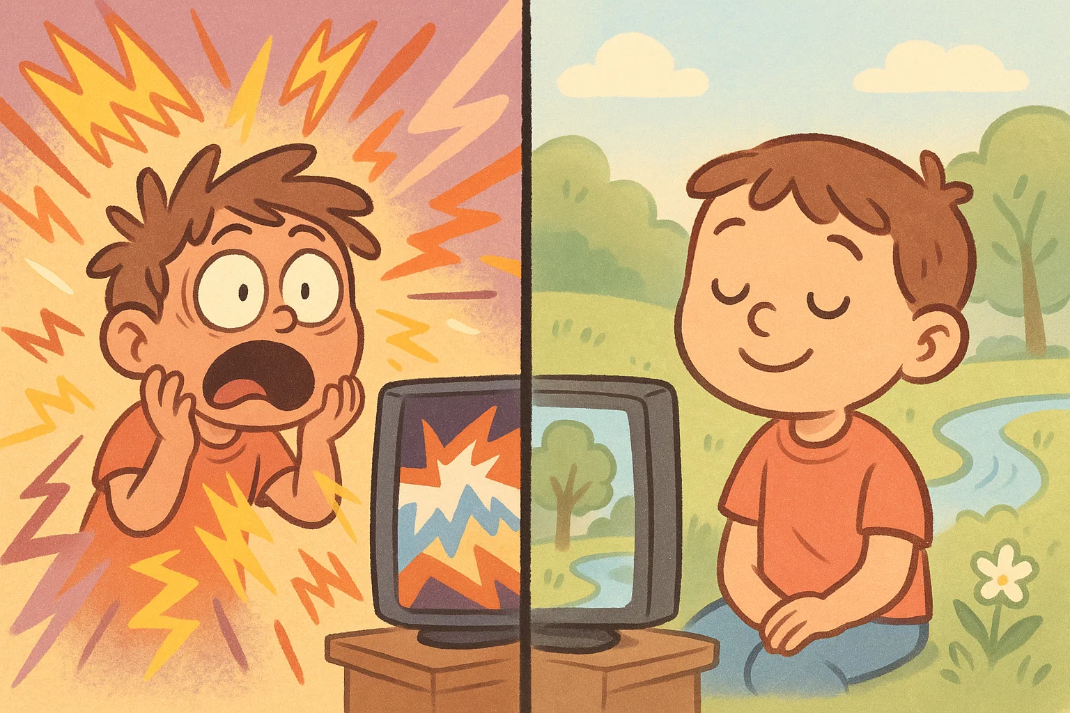 Comparison of calming and overstimulating cartoons showing difference in animation style.