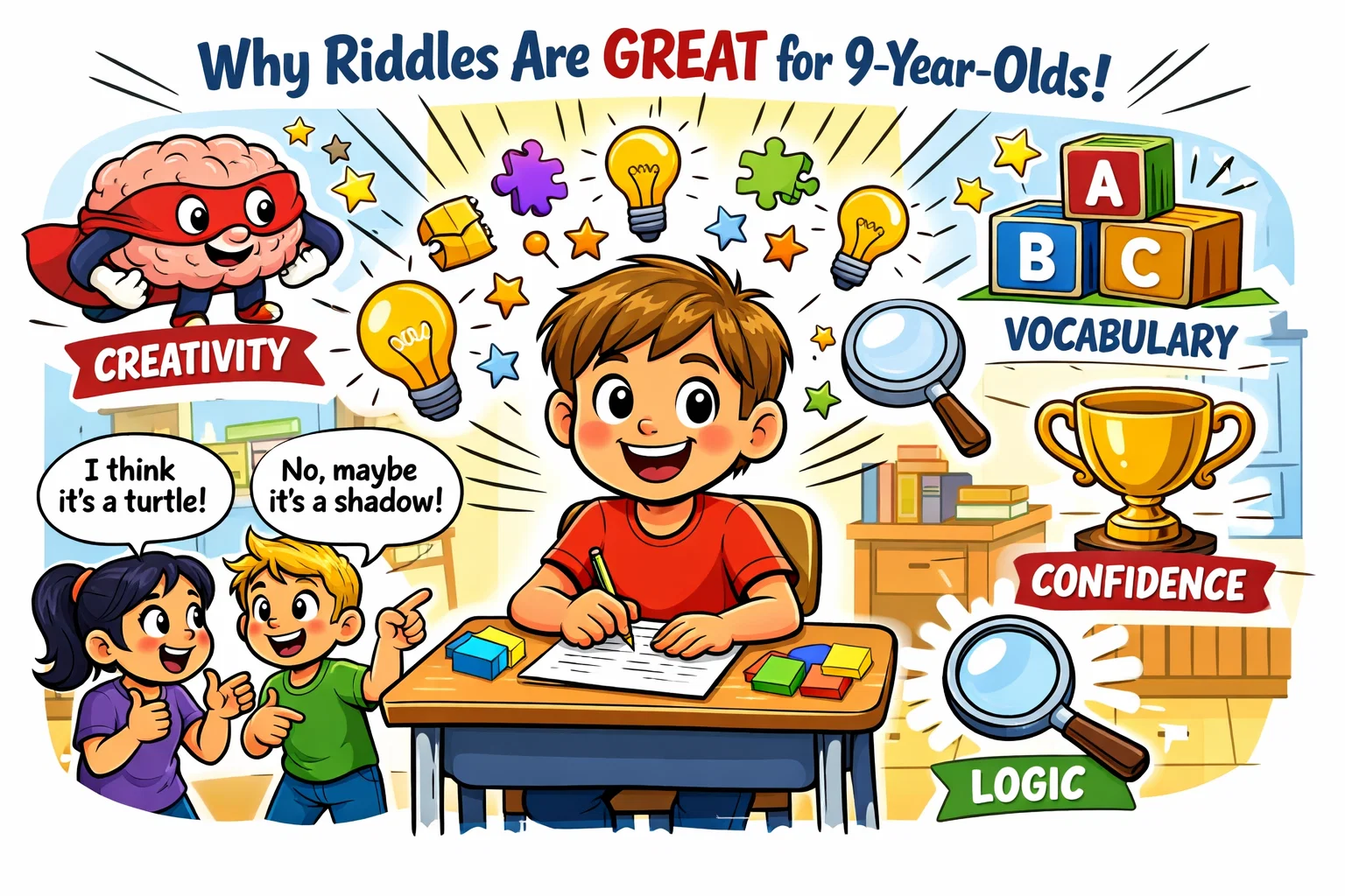 What makes riddles great for 9 year olds in a playful learning cartoon.
