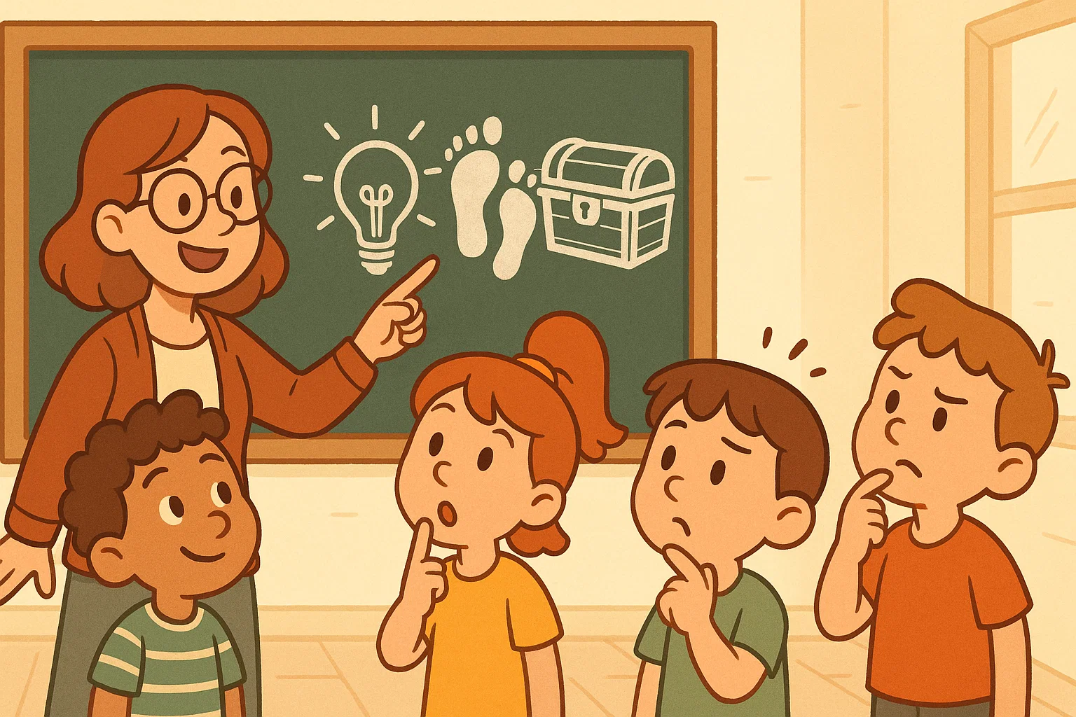 Teacher explains what riddles are to kids using fun puzzle symbols on a board.