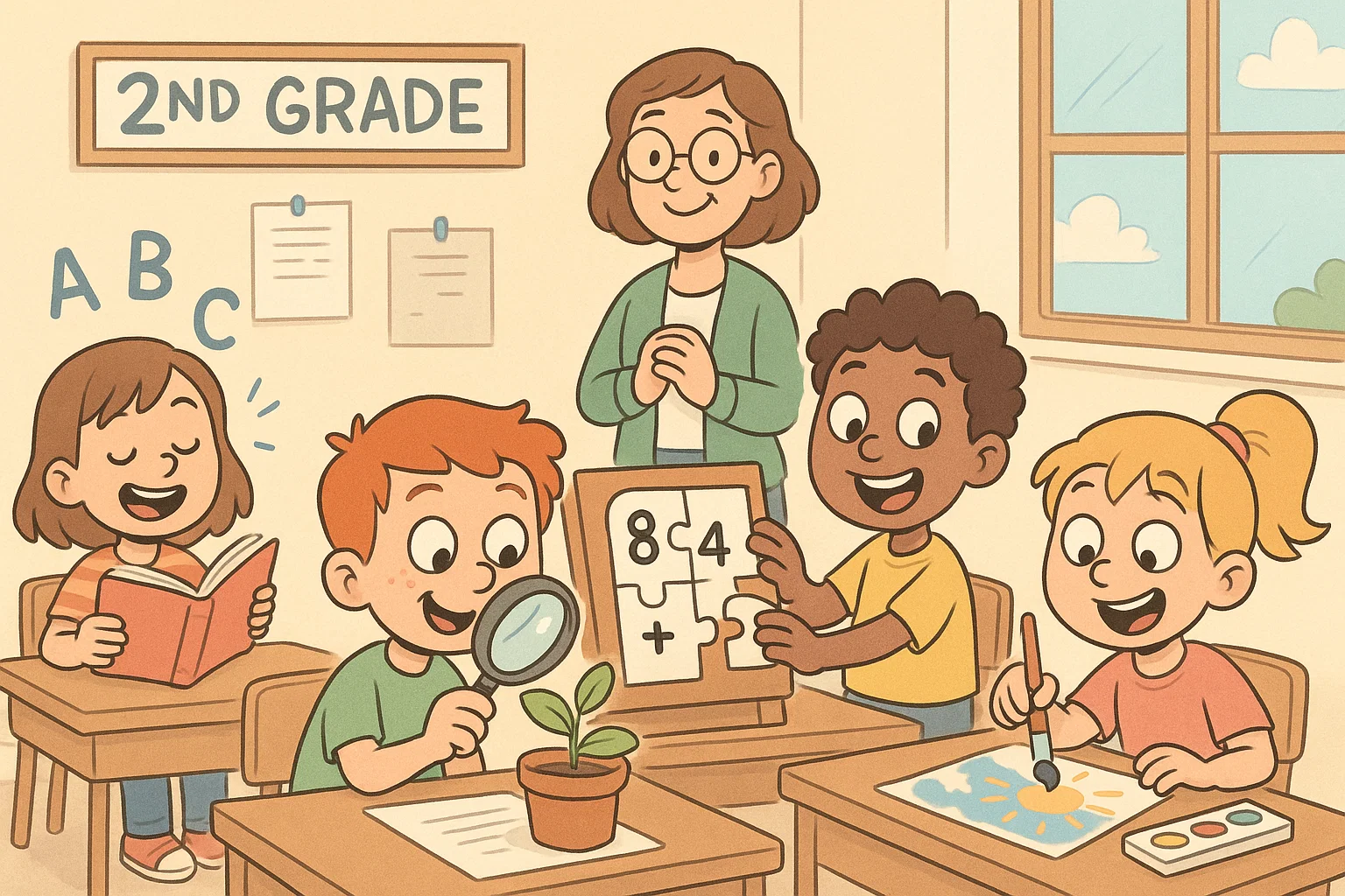Cheerful what second graders learn classroom cartoon with kids exploring subjects and skills.