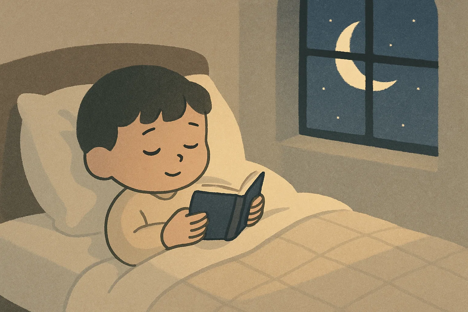 Child resting peacefully after calm bedtime story during cozy night routine.
