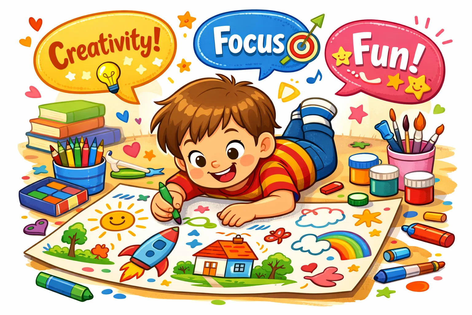 Child drawing surrounded by creativity and focus words, showing importance of drawing for development.

