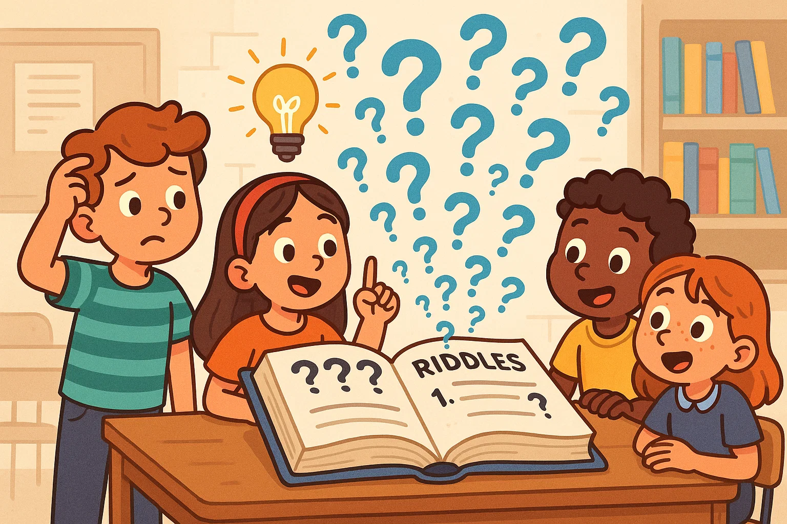 Group of kids reading riddles from a big open book and enjoying fun learning moments.