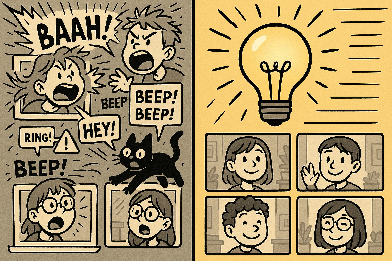 Cartoon showing why online classroom behavior rules matter with chaos on one side and order on the other.
