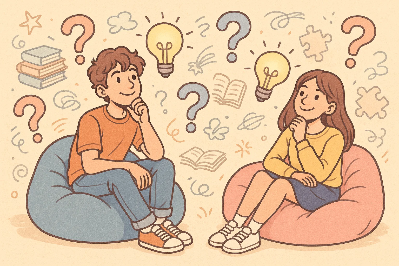 Cartoon of teens surrounded by question marks showing love for riddles.
