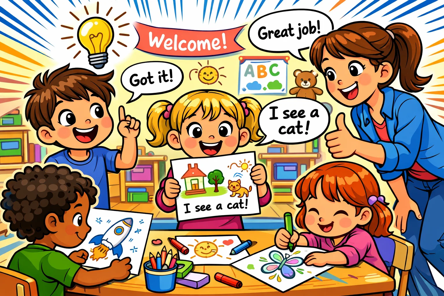 Kindergarten children using writing prompts to express creativity and build confidence.
