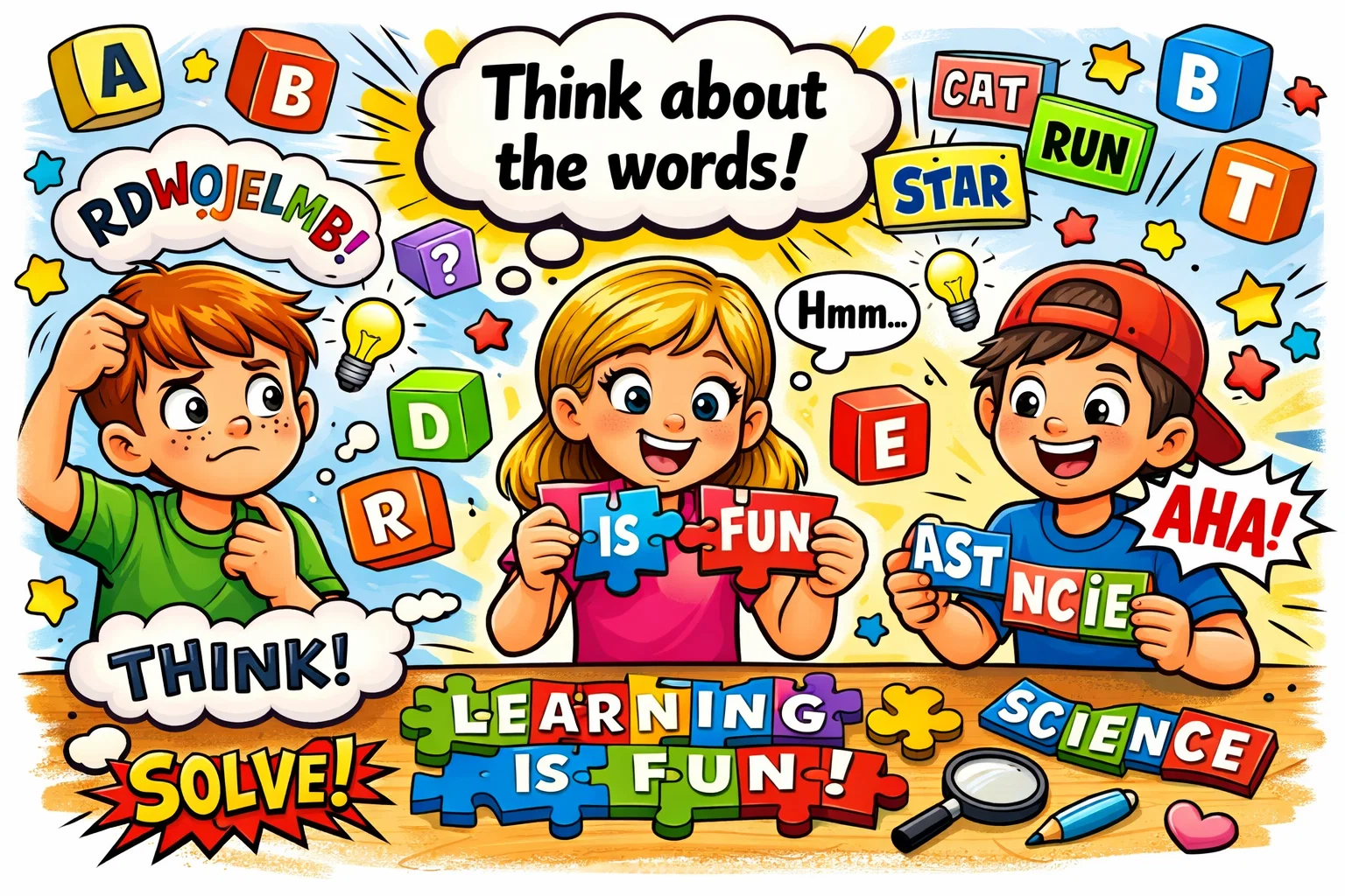  Word riddles for kids with letters puzzles and children solving clues. 
