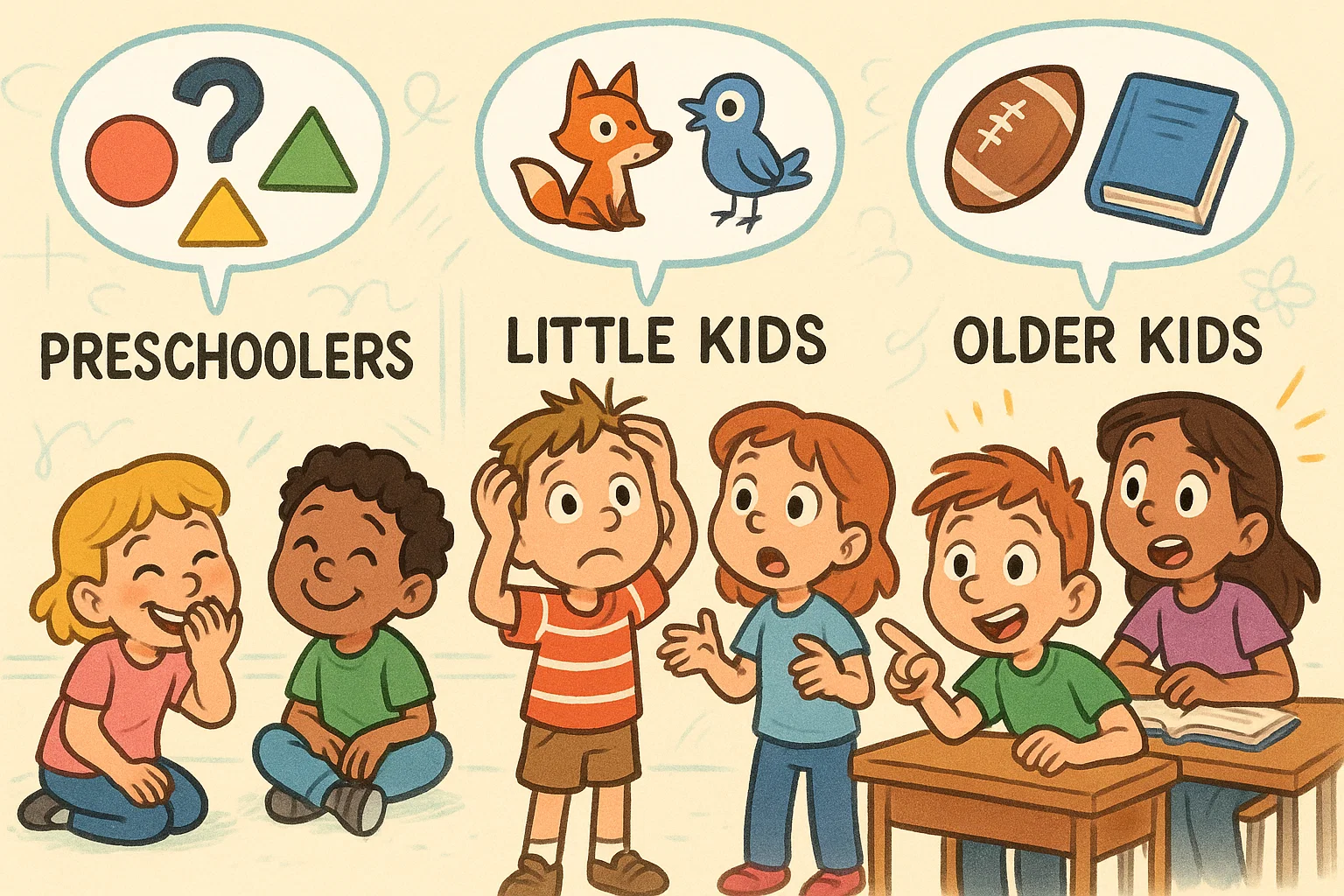 Children selecting would you rather kids by age groups options in a playful scene.