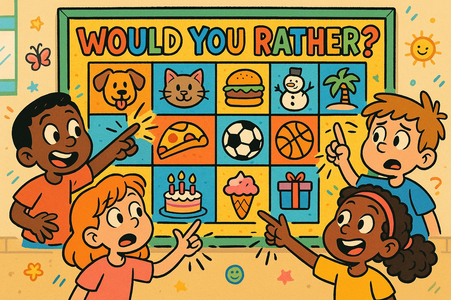 Children reacting to a would you rather kids main list board with bright icons.
