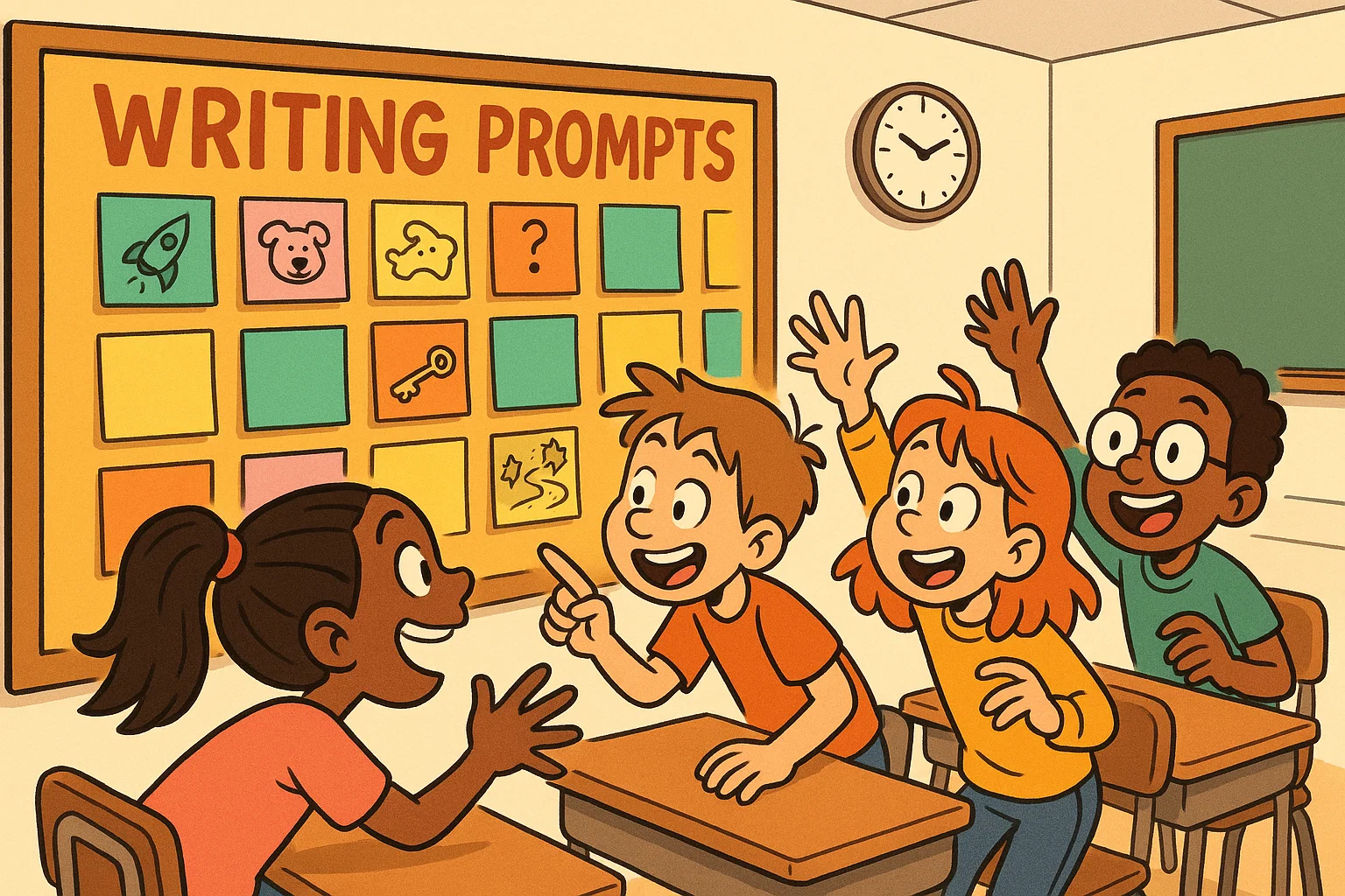 Writing prompts for grade 5 cartoon with students picking ideas from a classroom board.