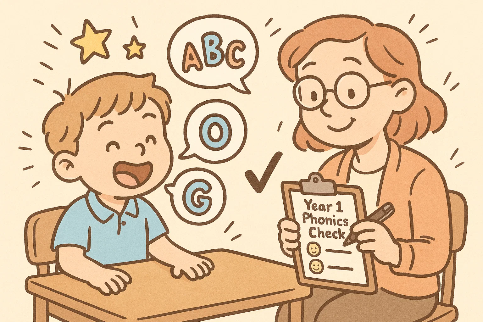  Year 1 assessments phonics check cartoon with child sounding out words.