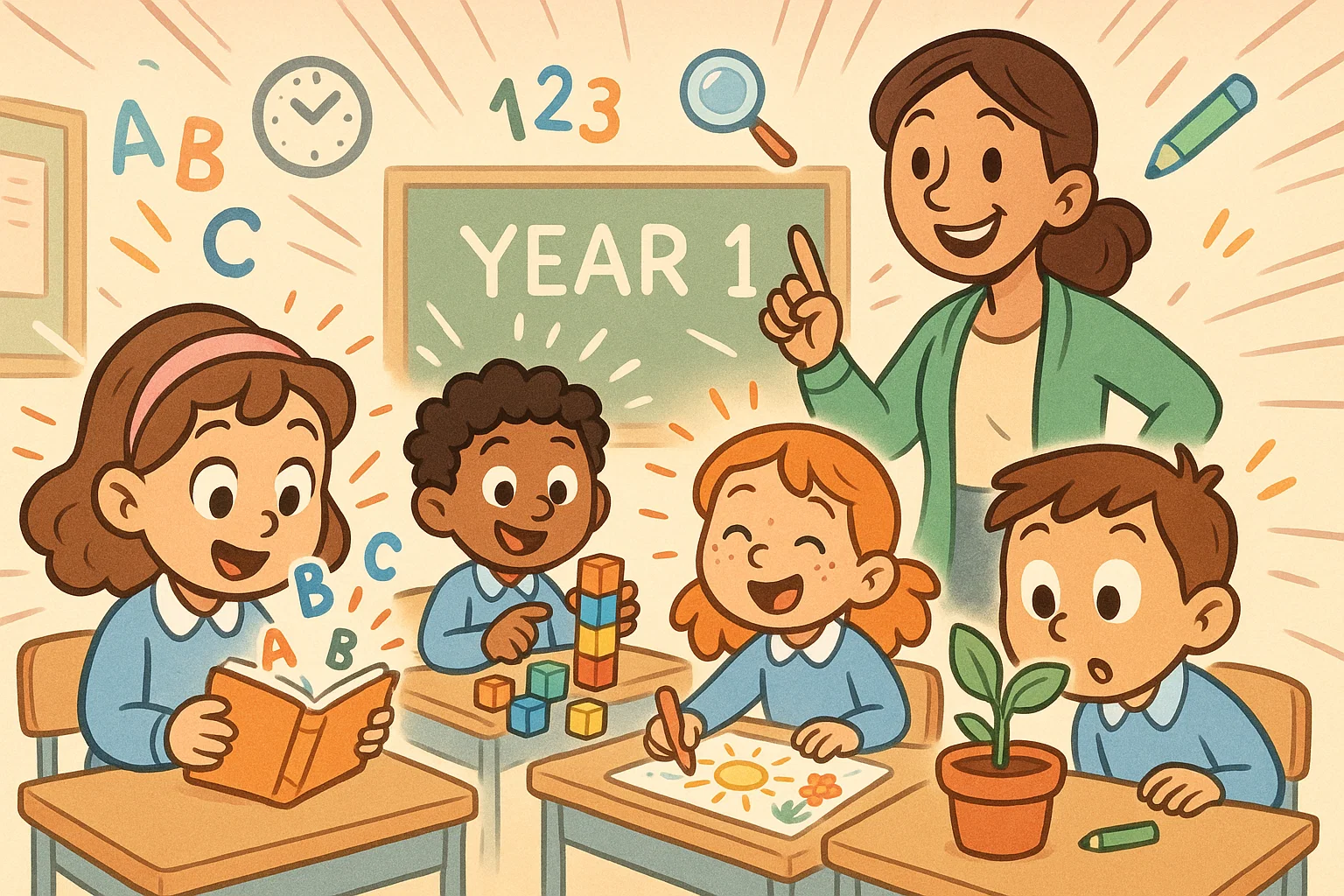 Playful Year 1 learning UK classroom cartoon with students exploring subjects.